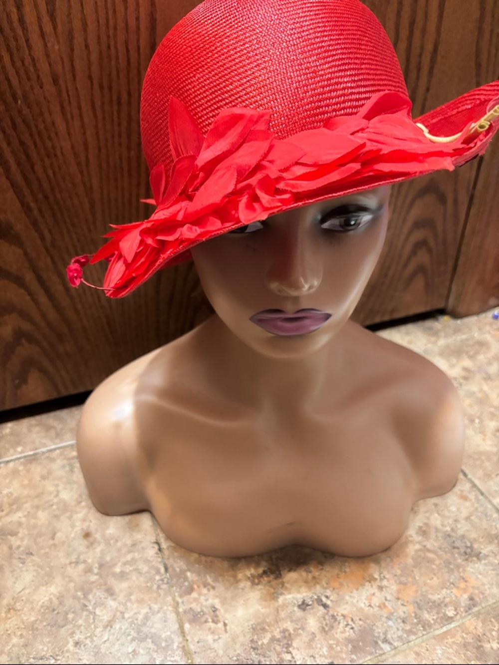 Vintage Red Floral-Trim Women's Sun Hat